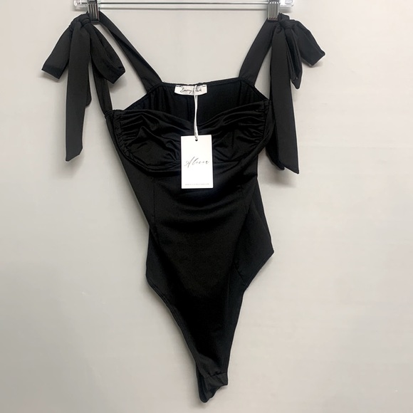 Emery Park Ruched bust tie strap black bodysuit Sz S - Picture 4 of 5